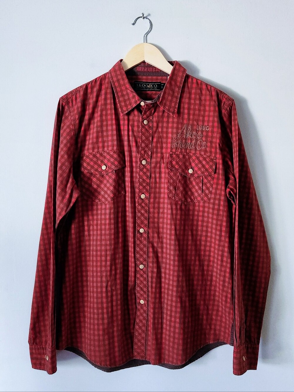 AKOO Men's Red & Brown Checked Button-down Shirt Sz L